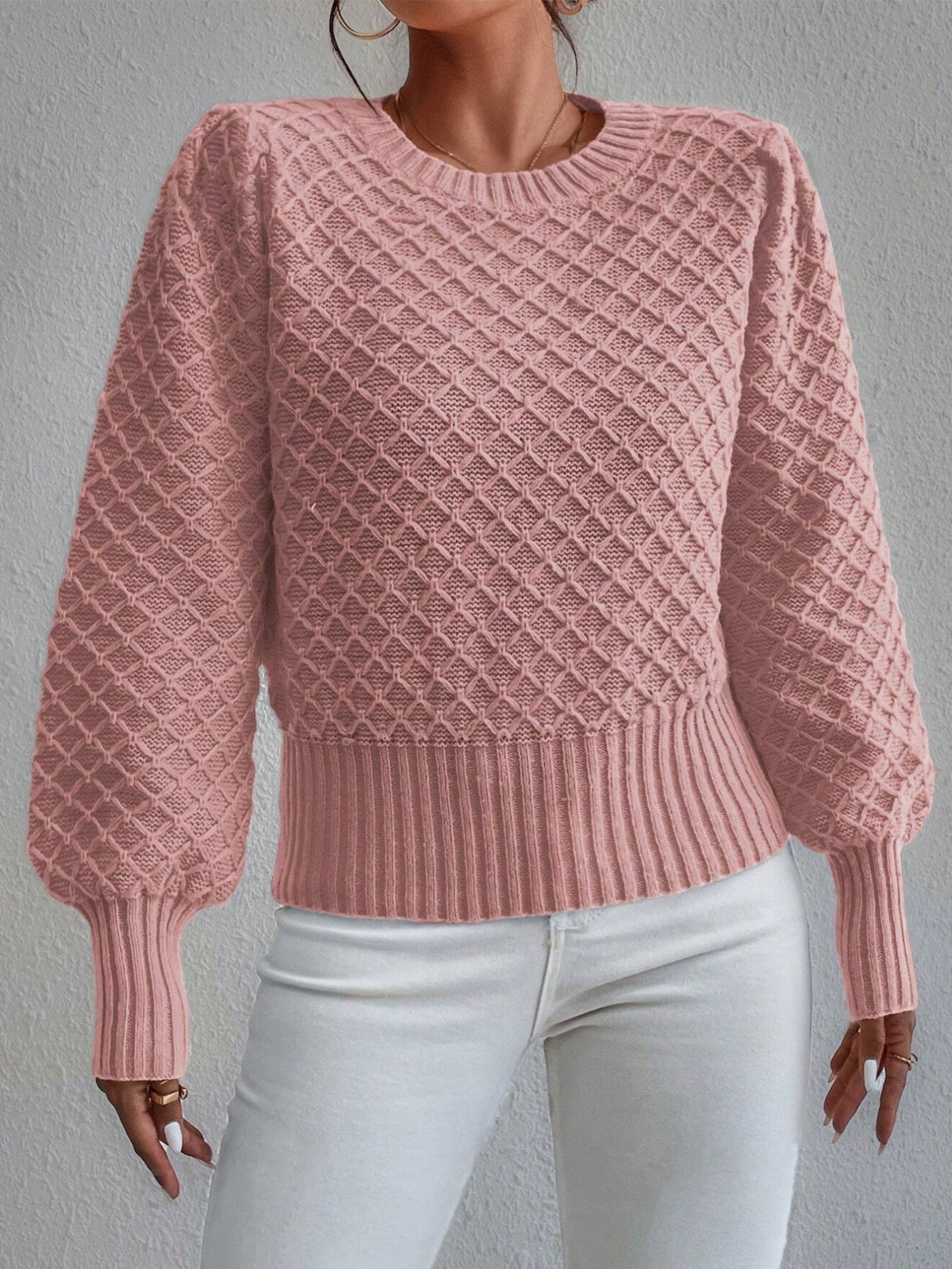 ModeGeist | Pullover Sweatshirt Wollmischung Relaxed Fit Gestepptes Muster Rundhalsausschnitt
