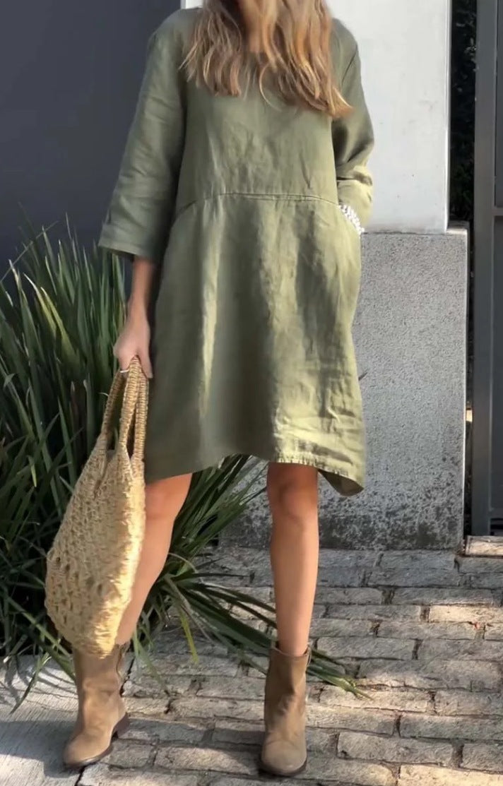 Damen lässiges Leinenkleid mit praktischen Taschen und asymmetrischem Saum ModeGeist