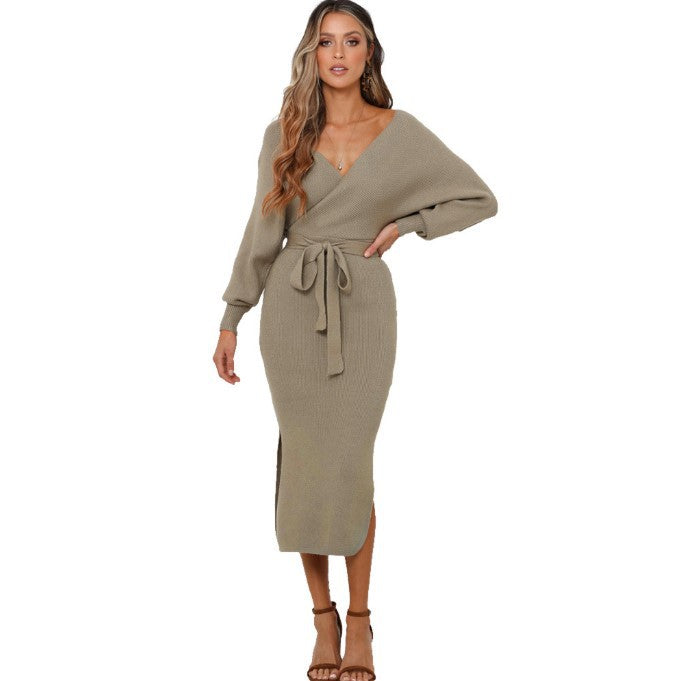 Damen Strickkleid mit Wickeloptik und seitlichem Schlitz ModeGeist
