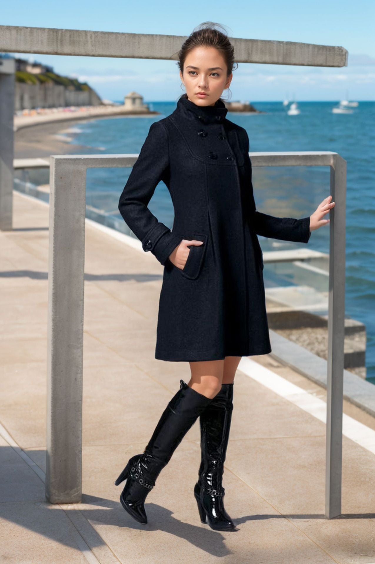 Damen eleganter Mantel mit hohem Kragen und funktionalen Taschen ModeGeist