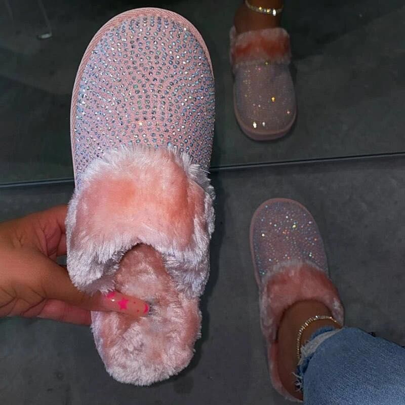 Damen Glamouröse Hausschuhe mit Glitzer und weichem Fell ModeGeist