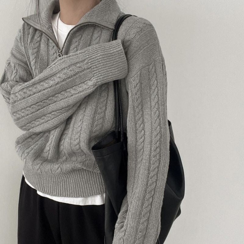Damen kuscheliger Strickpullover mit hochschließendem Kragen und Zipper ModeGeist
