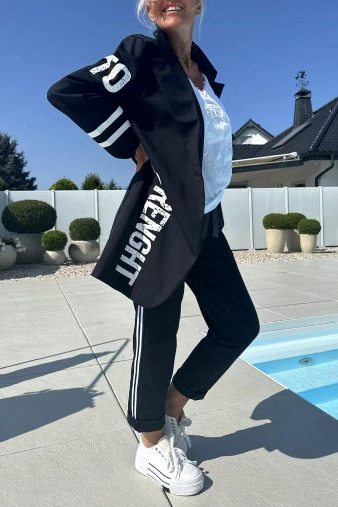 ModeGeist | Length Letter Printed Trenchcoat und Hose Zweiteiler Satz