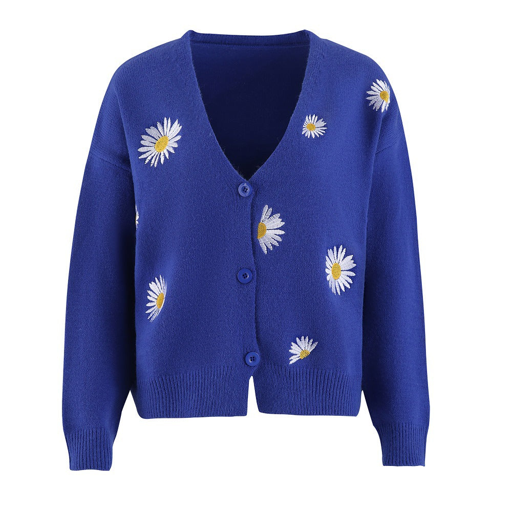 Damen Strickjacke mit Blumenstickerei und V-Ausschnitt ModeGeist