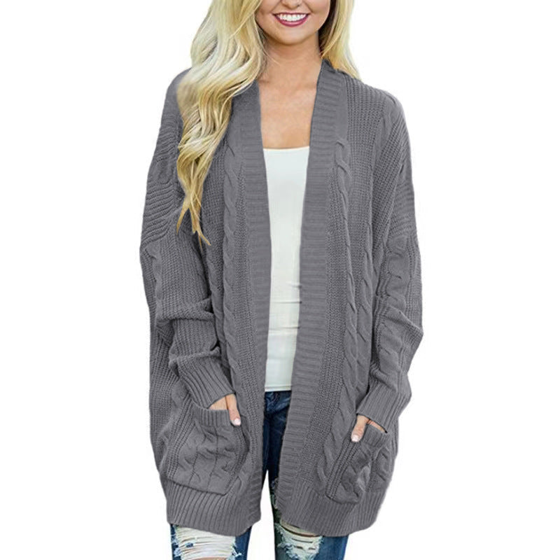 Damen lässige Strickjacke mit Kabelmuster und großzügigen Taschen ModeGeist