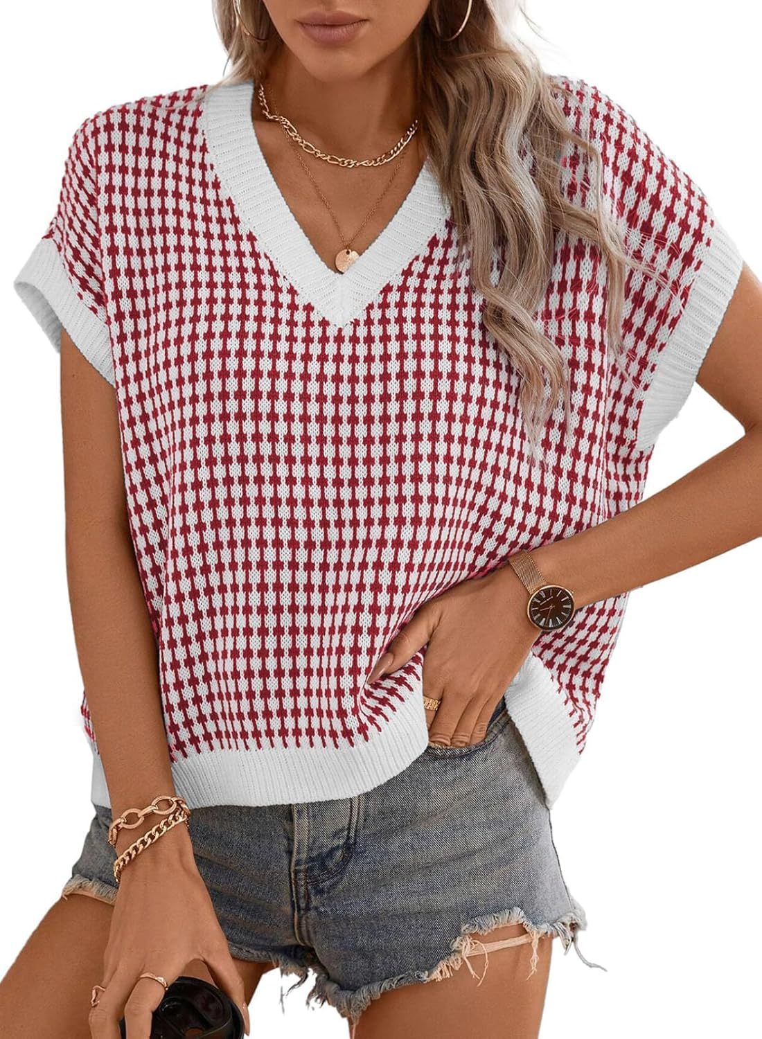 Damen lässiger V-Ausschnitt Pullover mit geometrischem Muster ModeGeist