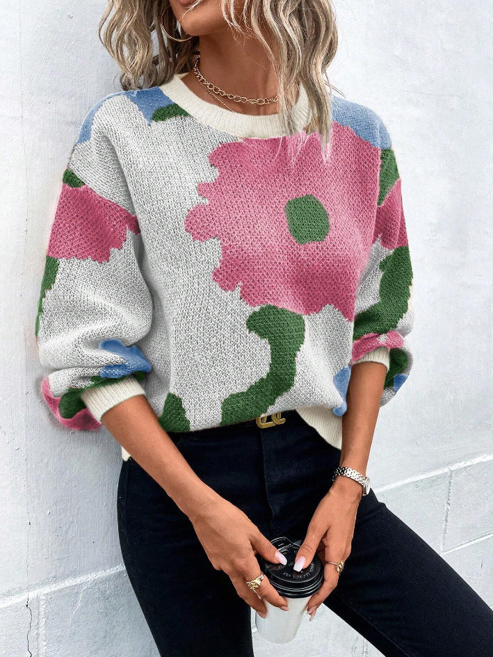 ModeGeist | Pullover Pullover Strickstoff Lockere Passform Rundhals Ballonärmel Gemustert