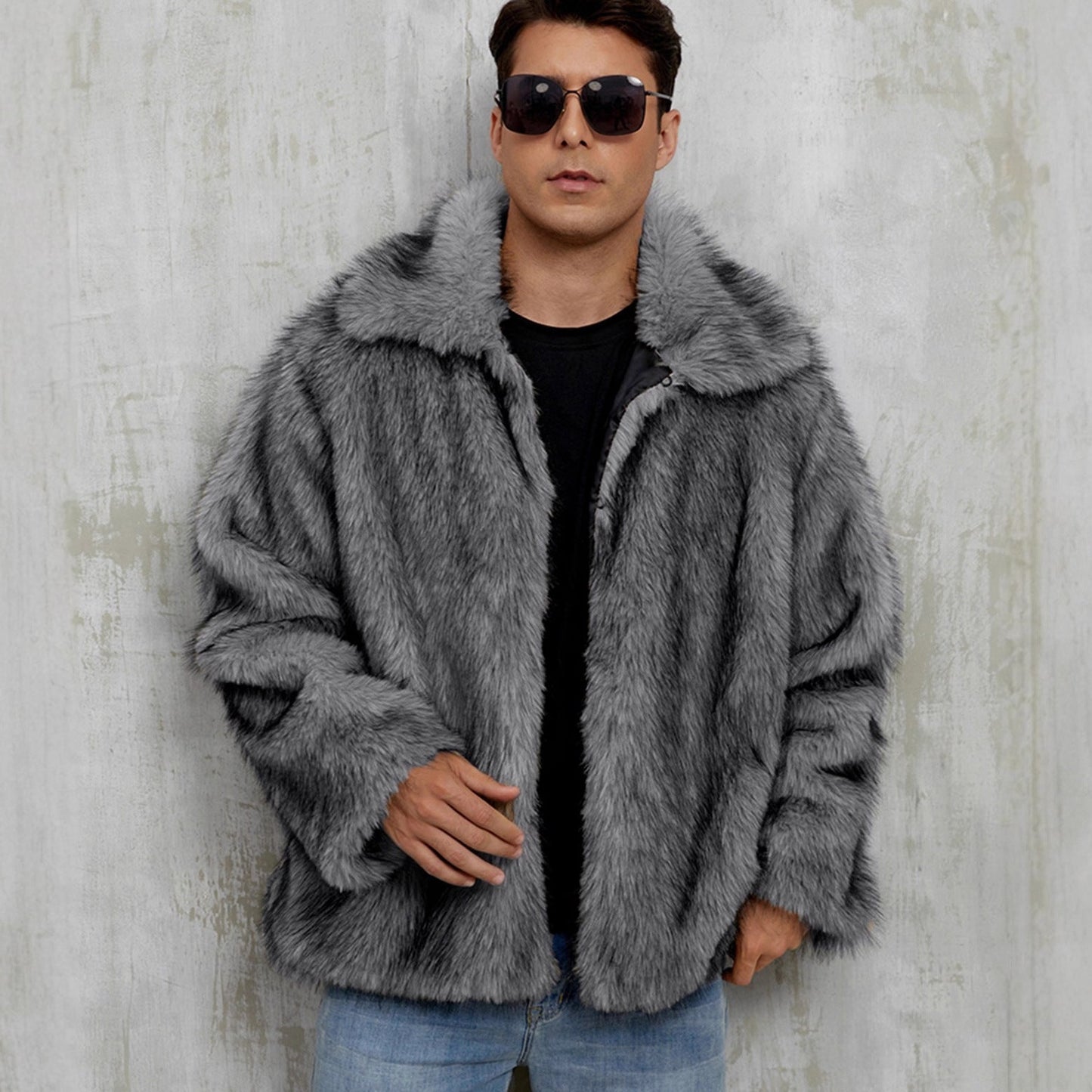 Herren Luxuriöse Kunstpelzjacke mit breitem Revers ModeGeist