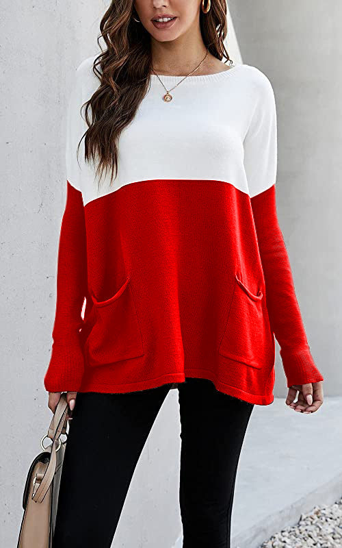 Damen Strickpullover mit großen Fronttaschen und kontrastiertem Design ModeGeist