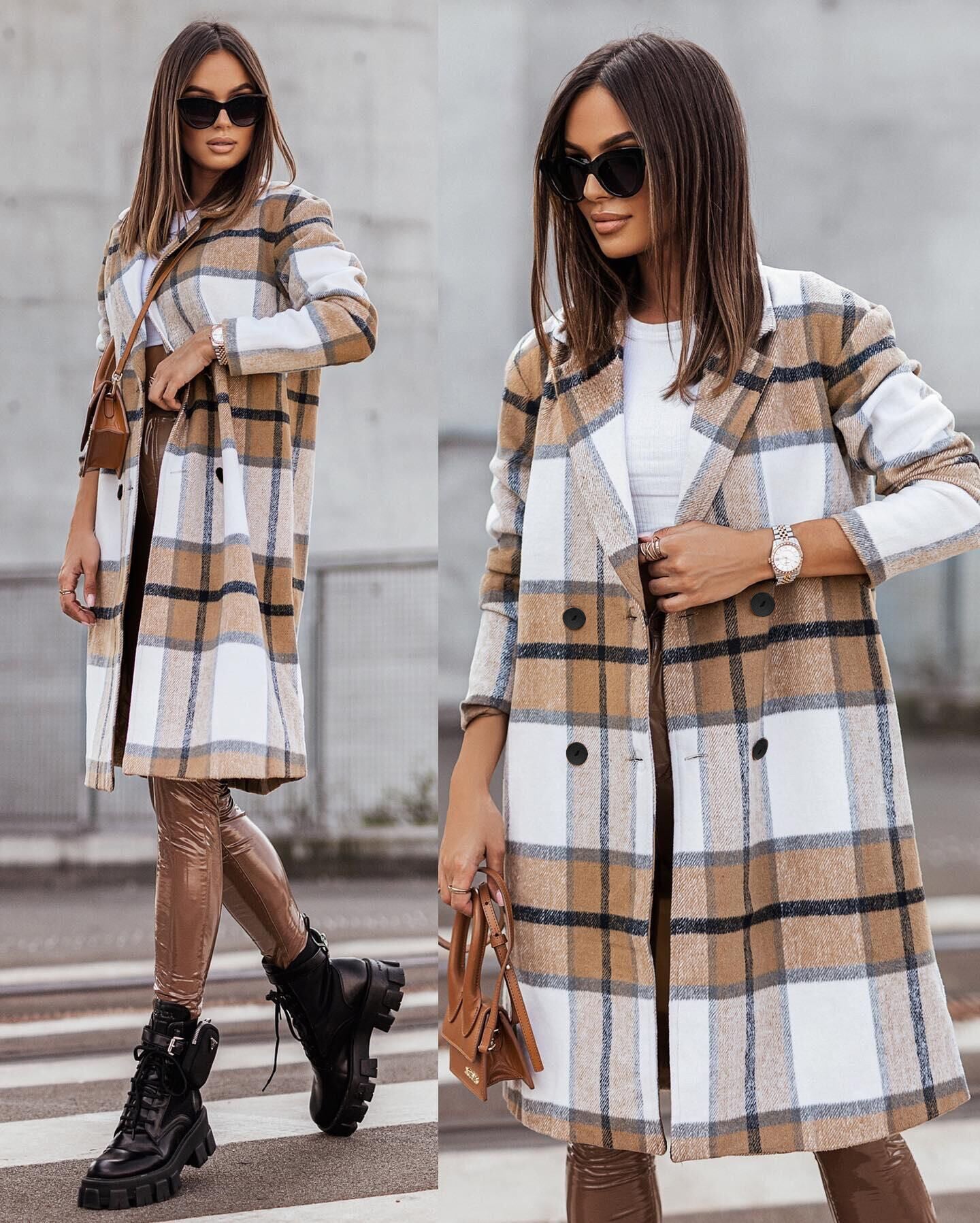 Damen Karierter Oversized-Wintermantel ModeGeist