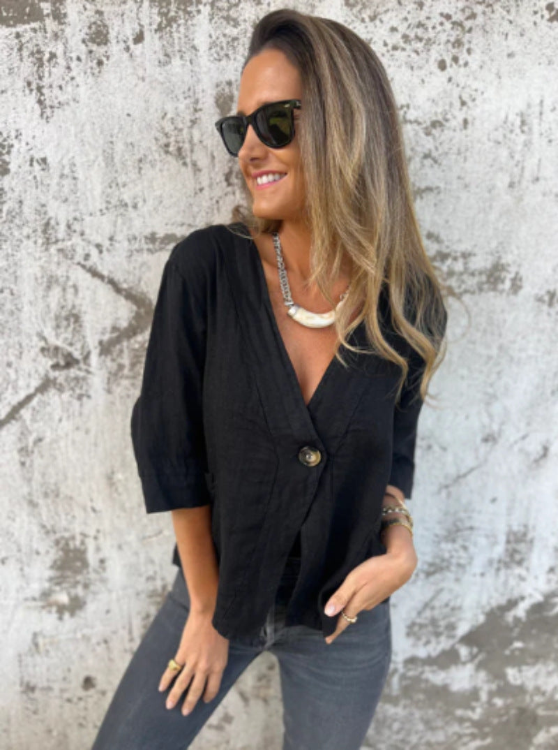 Damen Leichtes Leinenblazer mit kurzer Arm ModeGeist