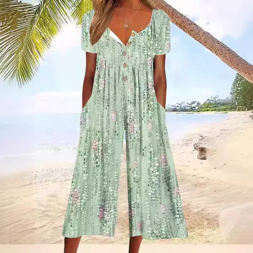 MODEGEIST Damen Jumpsuit Blätterdruck V-Ausschnitt Wide-Leg