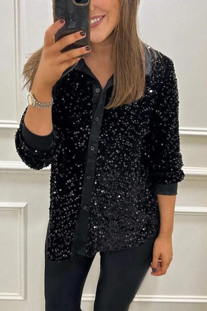 Damen Glitzernde Bluse aus Pailletten mit klassischem Kragen ModeGeist