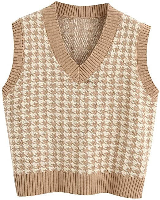 Damen ärmellose Strickweste mit modernem Hahnentrittmuster ModeGeist