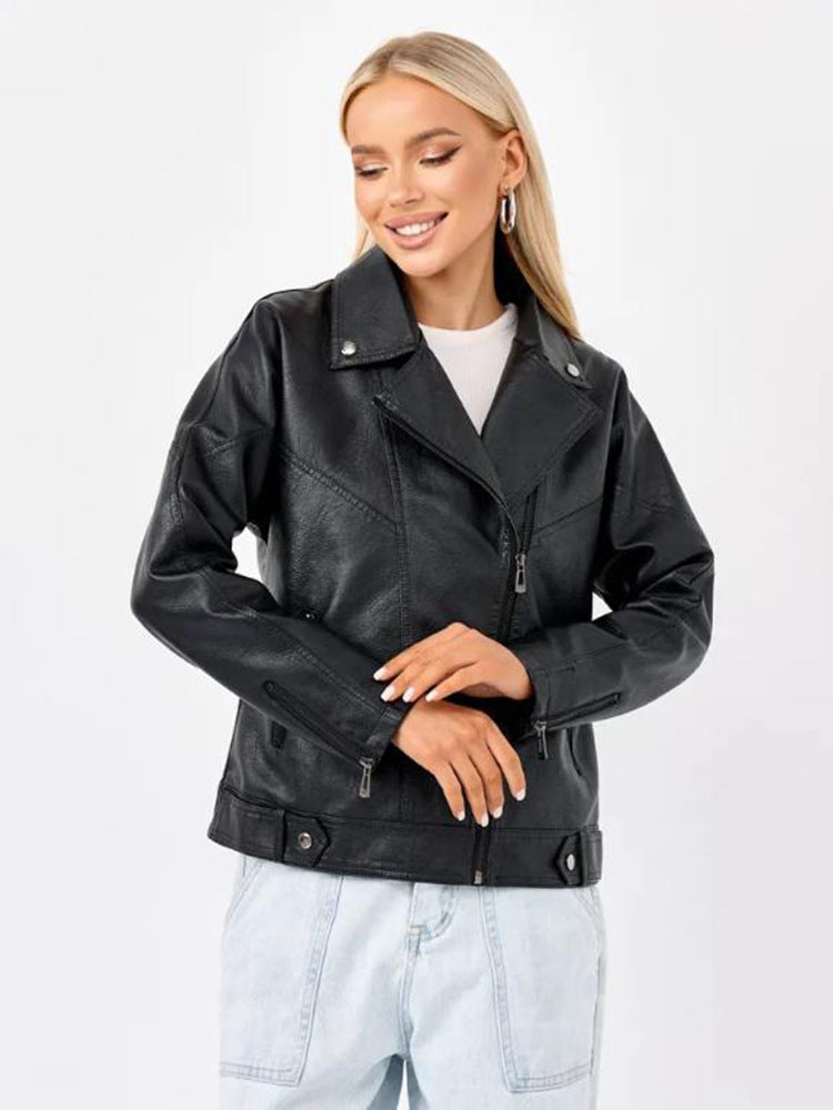 Damen hochwertige Kunstlederjacke im Biker-Stil mit asymmetrischem Reißverschluss ModeGeist
