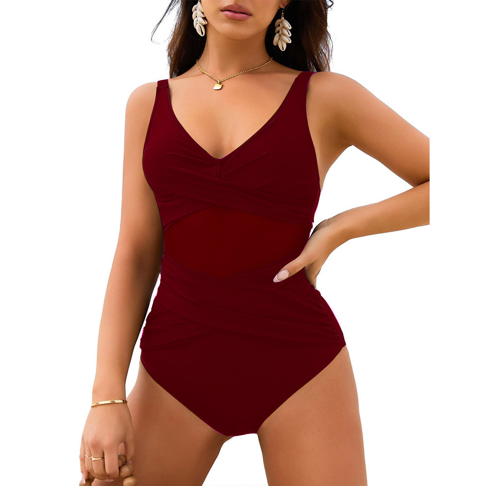Modischer Damen-Badeanzug mit elegantem Mesh-Einsatz und Wickeldesign von MODEGEIST