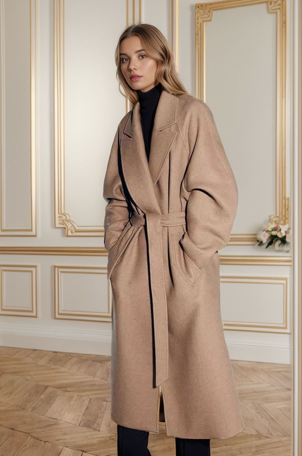 Damen stilvoller mantel mit breitem Kragen und Taillengürtel ModeGeist