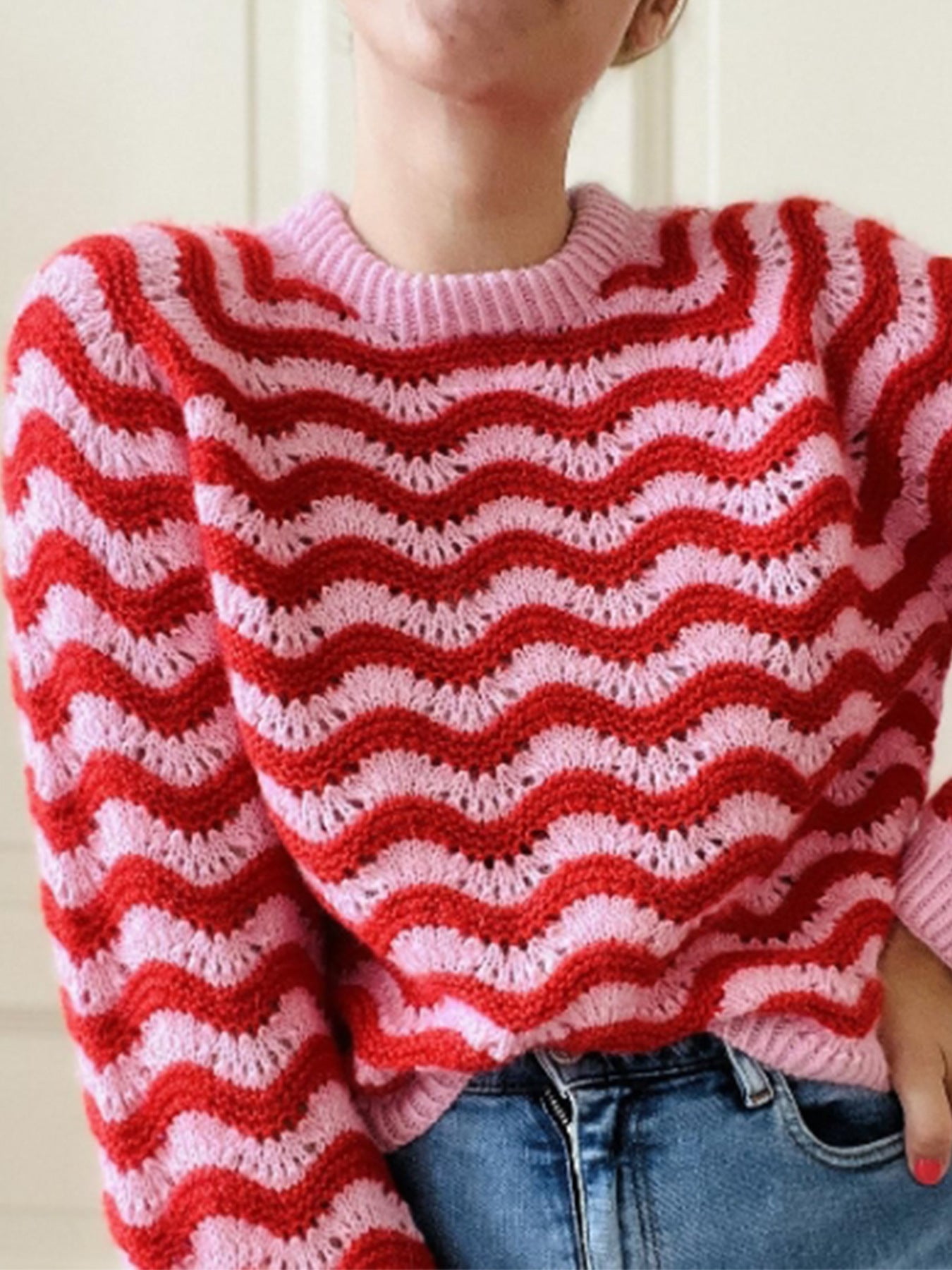 Damen Strickpullover mit wellenförmigem Muster und großzügigem Schnitt ModeGeist