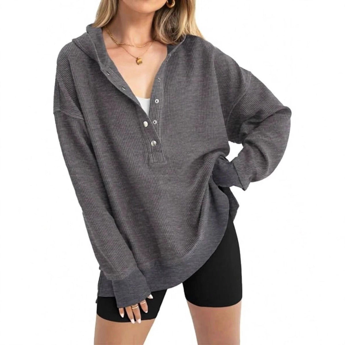 Damen Lässiger Kapuzenpullover mit Knopfdetails und überschnittenen Schultern ModeGeist