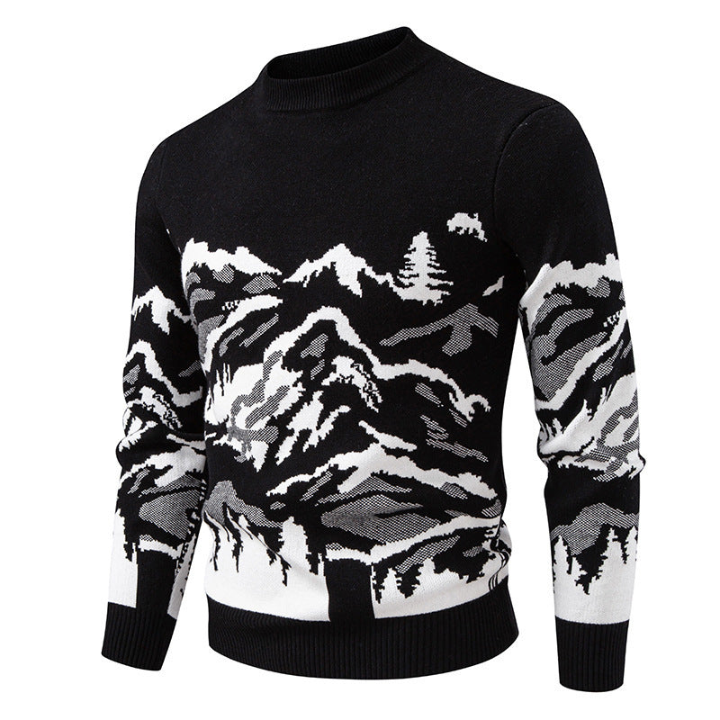 Herren Strickpullover mit Bergmotiv und hohem Kragen ModeGeist
