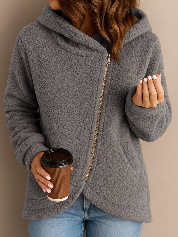 Damen Flauschige Kapuzenjacke mit asymmetrischem Reißverschluss ModeGeist