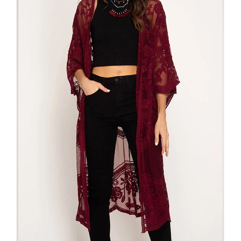 Modischer Damen-Crochet-Kimono mit luftigem Schnitt und Blumenmuster