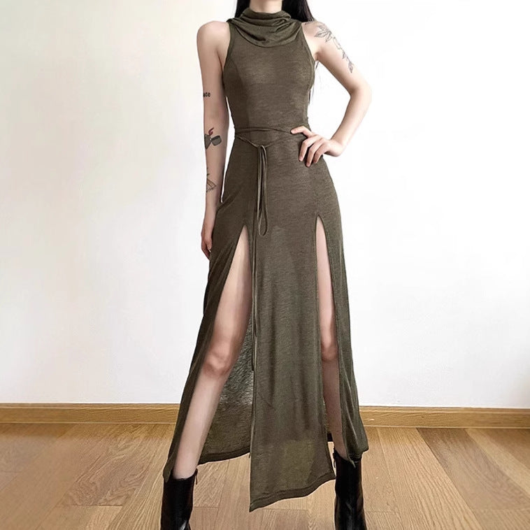 Damen Elegantes Maxikleid mit hohem Schlitz und Kapuze ModeGeist