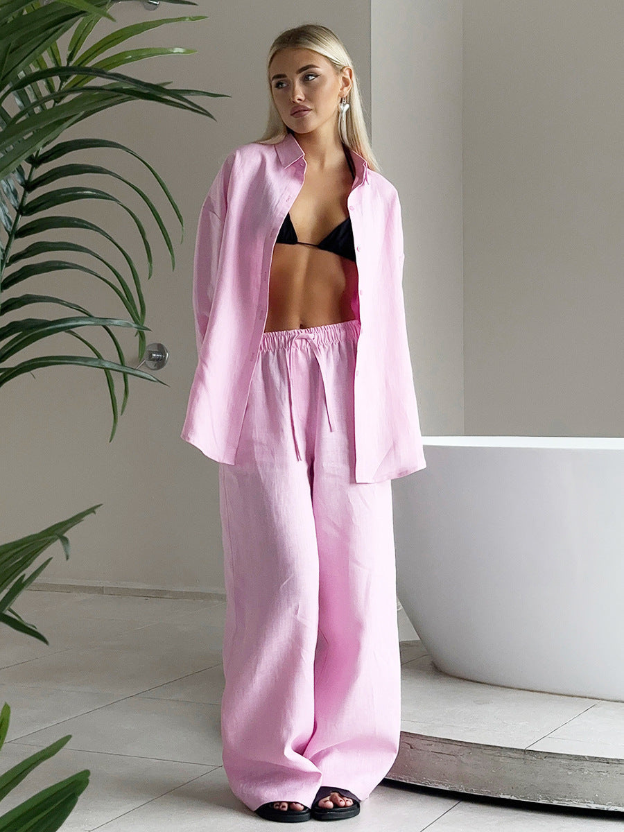 Damen Lässiges Leinen-Set mit weit geschnittenem Oberteil und Hose ModeGeist