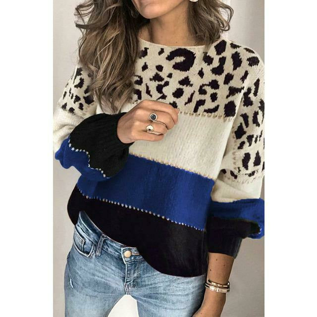 ModeGeist | Pullover - Damen Herbst Leopard Patchwork Strickpullover