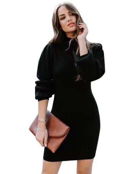 Damen Strickkleid mit hohem Kragen und Puffärmeln ModeGeist