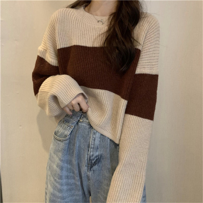 Damen Strickpullover mit weit geschnittenen Ärmeln und kontrastierendem Design ModeGeist