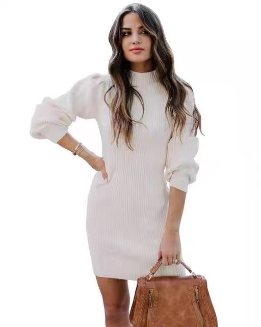 Damen Strickkleid mit hohem Kragen und Puffärmeln ModeGeist