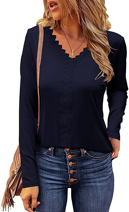Damen elegantes V-Ausschnitt Longsleeve-Shirt mit Spitzenbesatz ModeGeist