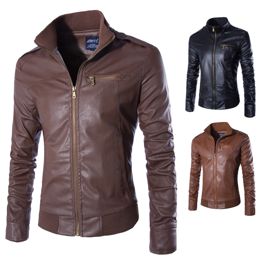 Herren modische Kunstlederjacke mit Reißverschluss und festem Kragen ModeGeist