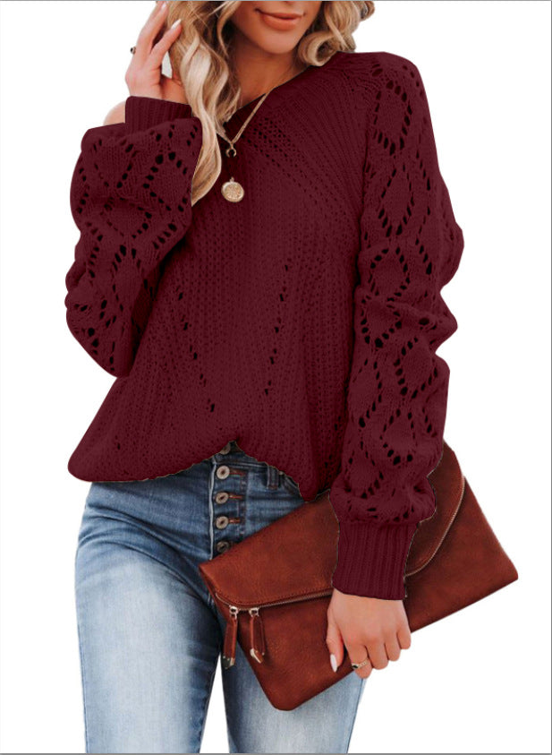 Damen Eleganter Strickpullover mit luftiger Häkelstruktur und weiten Ärmeln ModeGeist