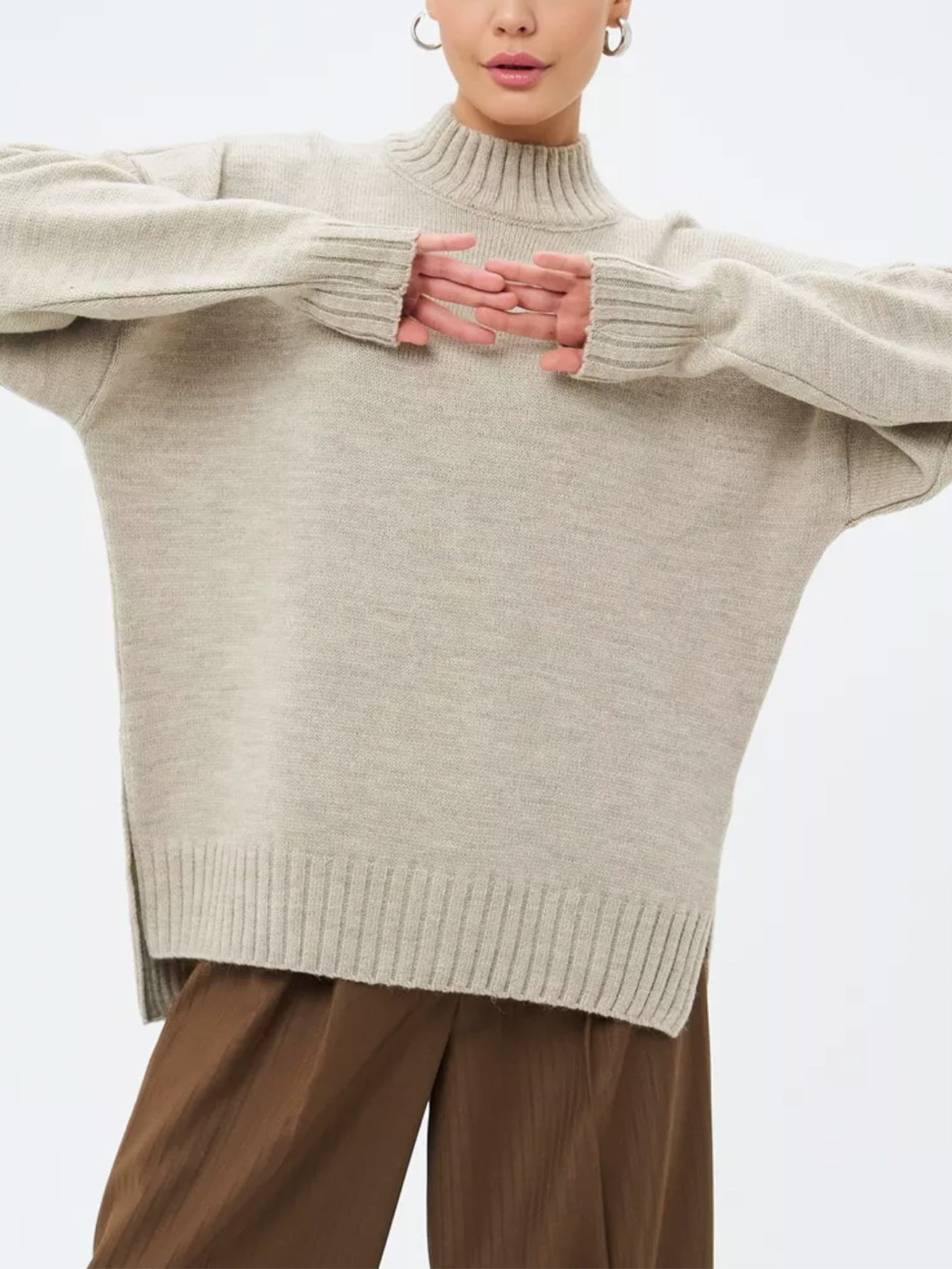ModeGeist | Pullover Pullover Übergröße Schnitt Gerippter Strick Semi Hoher Hals Fallende Schultern