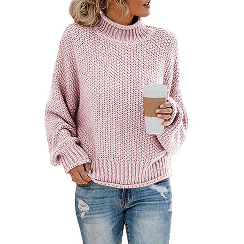 Damen Grobstrickpullover mit hohen Kragen und lockerem Design ModeGeist