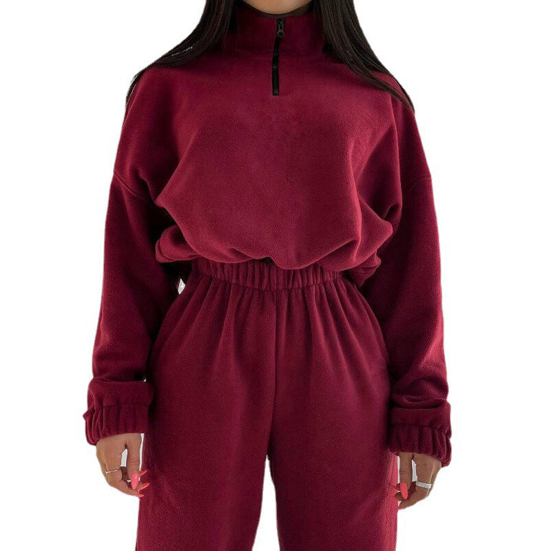 Damen Fleece-Jogginganzug mit kurzem Reißverschluss und lässigem Schnitt ModeGeist