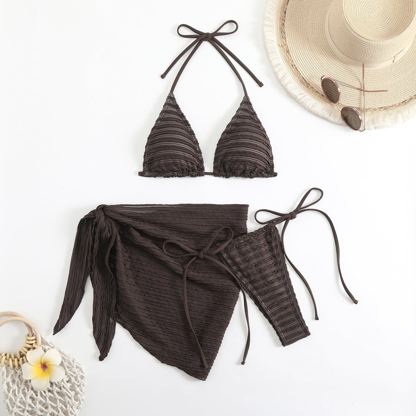 Modischer Damen-Bikini-Dreiteiler mit Rüschen und verstellbaren Trägern