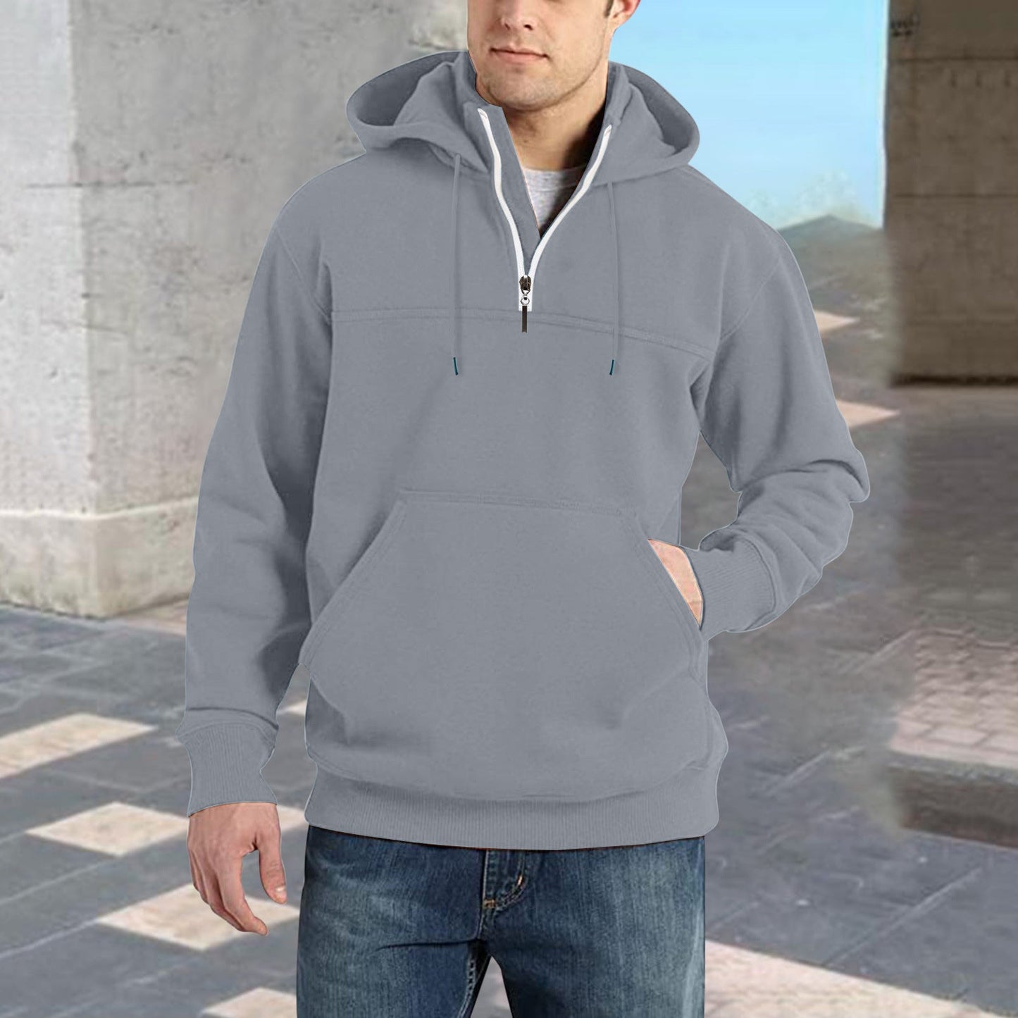 Herren modischer Kapuzenpullover mit halbem Reißverschluss und praktischen Kängurutaschen ModeGeist