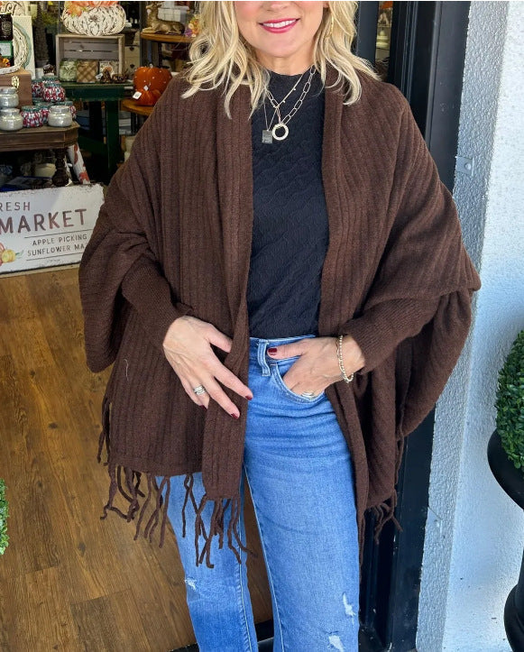 Damen vielseitiger Poncho mit Fransen ModeGeist