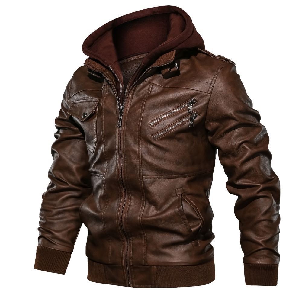 Herren flauschige Kunstlederjacke mit Hoodie ModeGeist