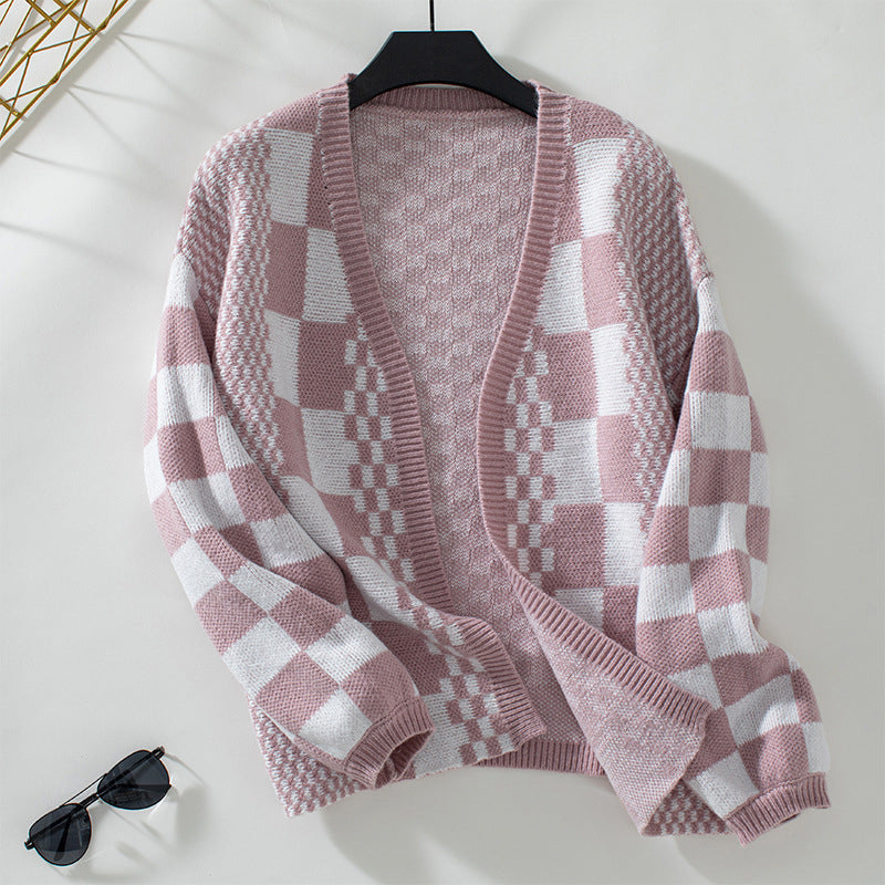 ModeGeist | Cardigan - Damen Herbst Casual Karierter Gestrickter Cardigan