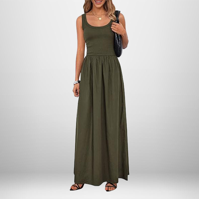 Langes Damenkleid mit elastischer Taille und schmalen Trägern von MODEGEIST