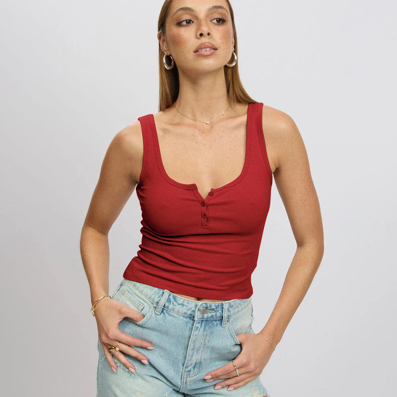 Damen körperbetontes Ripp-Top mit Knopfleiste und weitem Ausschnitt ModeGeist