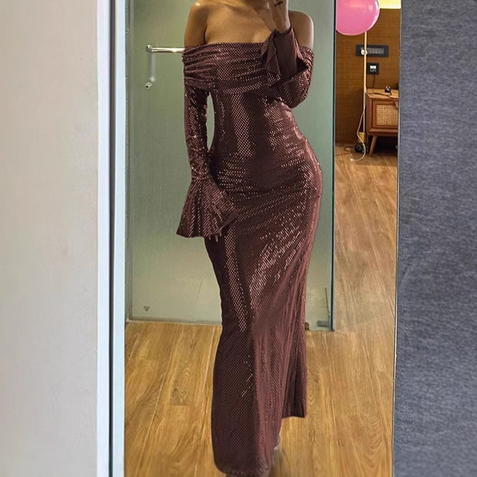 Damen Elegantes Abendkleid mit schulterfreiem Design und ausgestellten Ärmeln ModeGeist