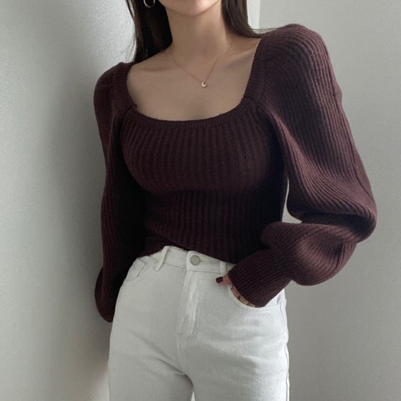 Damen Feinstrickpullover mit modernem Quadrat-Ausschnitt und weit geschnittenen Ärmeln ModeGeist