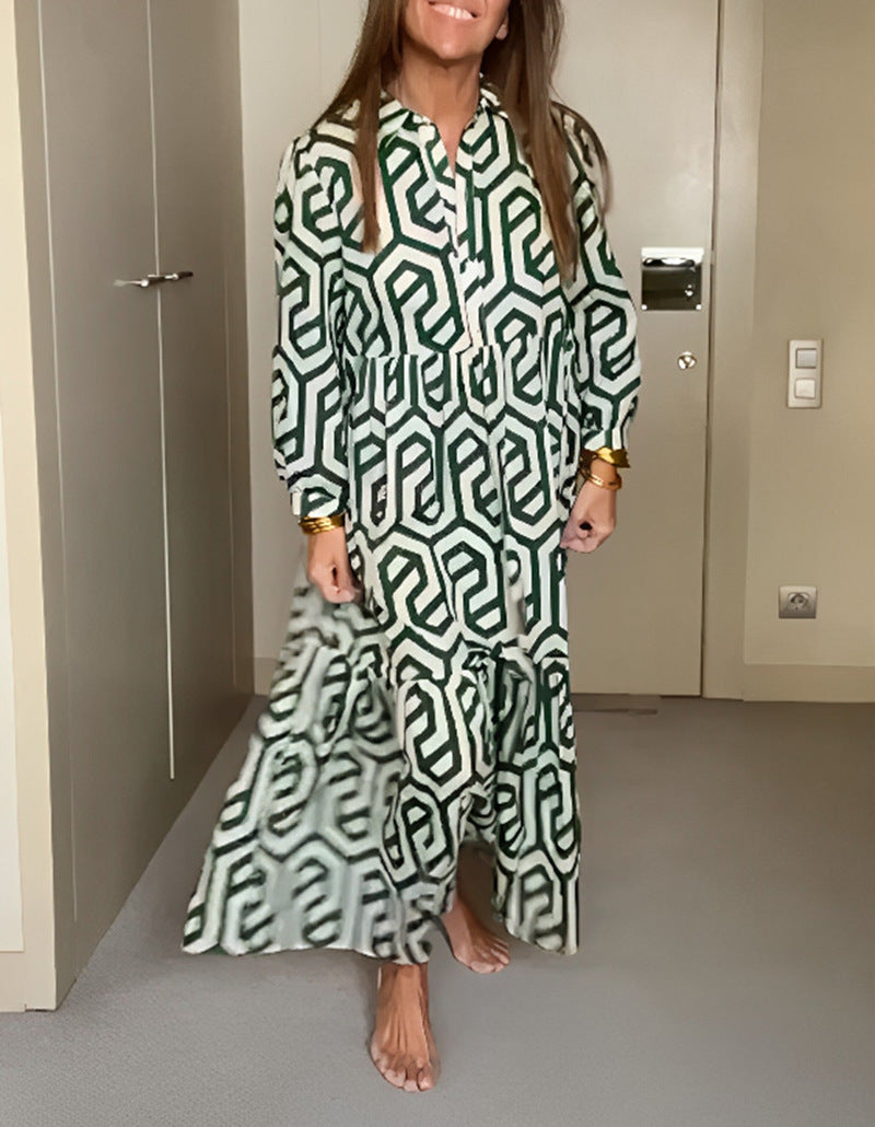Modisches Hemdblusenkleid für Damen mit geometrischem Muster und weitem Saum