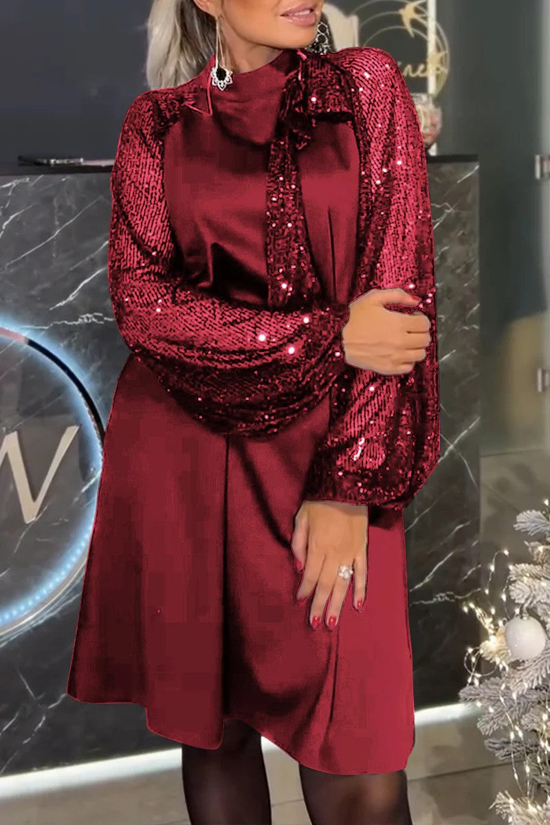 Damen Elegantes Kleid mit glitzernden Ärmeln und festlichem Kragen ModeGeist