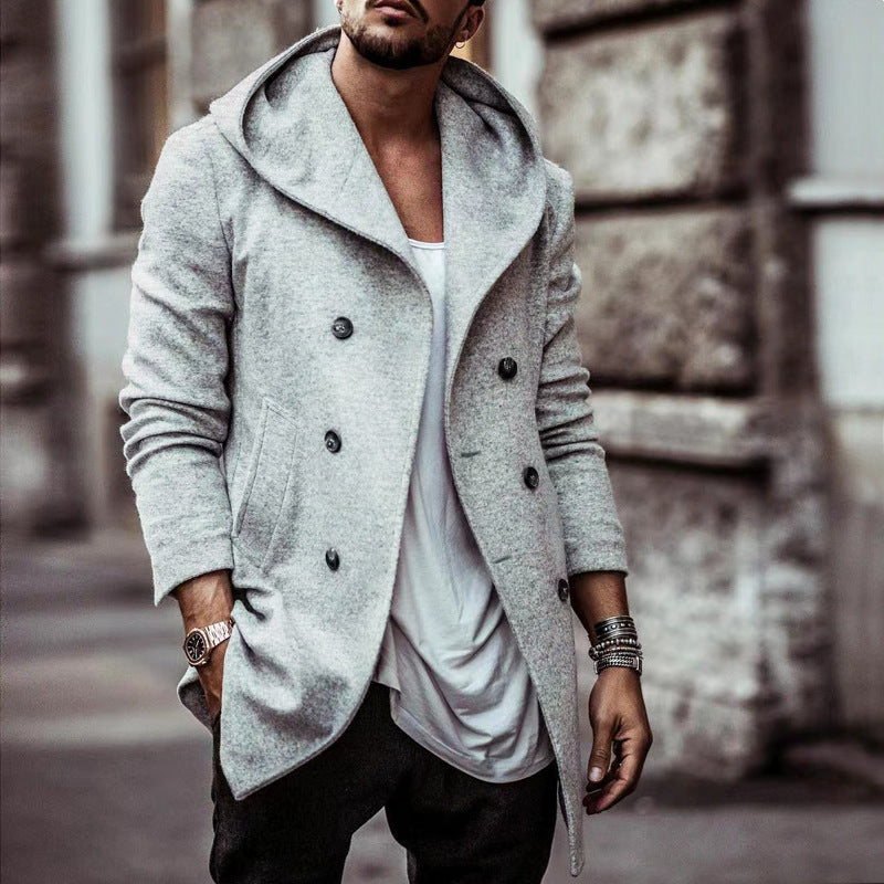 Herren stylischer Hoodie-Mantel mit doppelter Knopfreihe und weitem Kragen ModeGeist